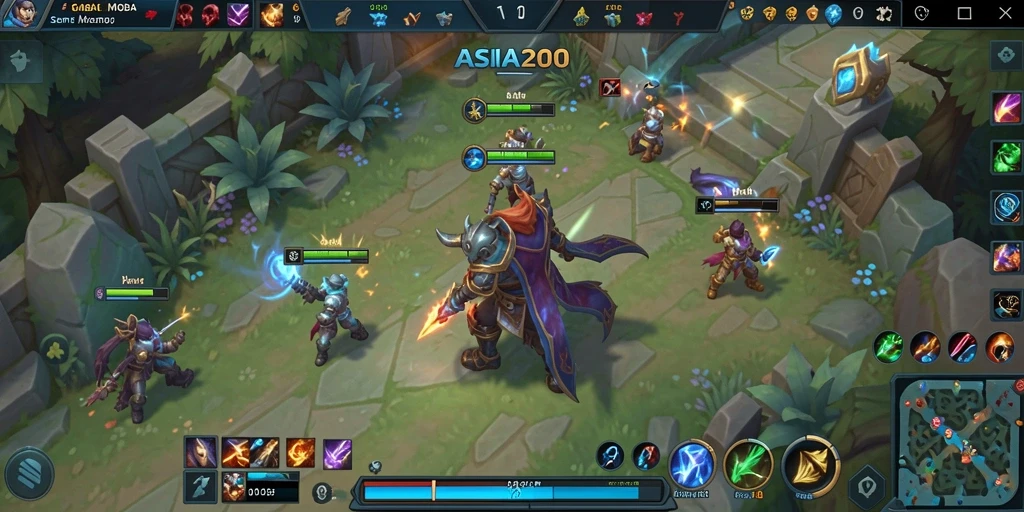 Tangkapan layar utama ASIA200 menampilkan aksi pertempuran seru dalam game MOBA.
