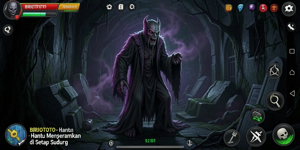 Gameplay BRIOTOTO menampilkan suasana horor yang mencekam.