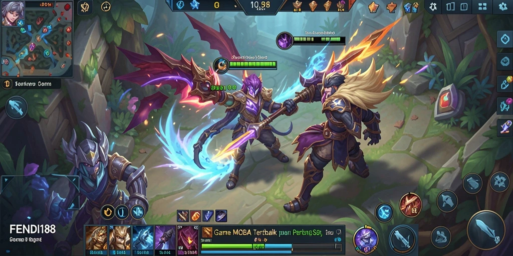 Screenshot FENDI188 menampilkan aksi pertarungan seru dalam arena MOBA.