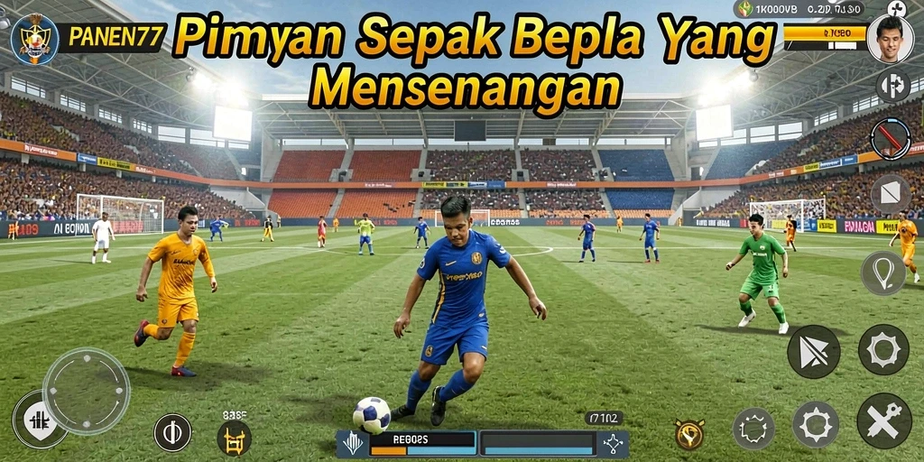 Screenshot gameplay PANEN77 menunjukkan aksi seru di lapangan sepak bola.