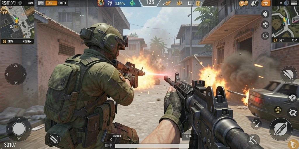 Tangkapan layar gameplay SD107 yang menunjukkan aksi intens dalam perang FPS.