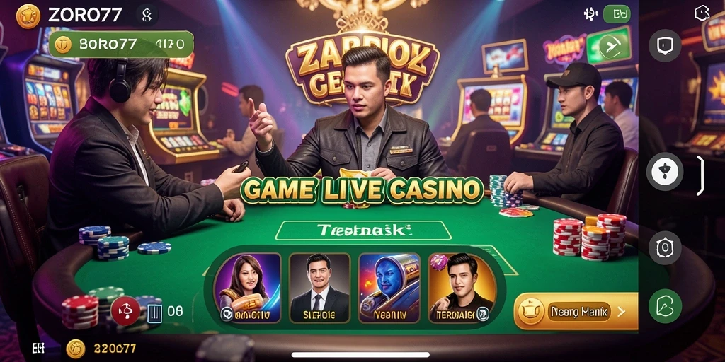 Screenshot ZORO77 menampilkan dealer profesional dan gameplay Live Casino yang menarik.